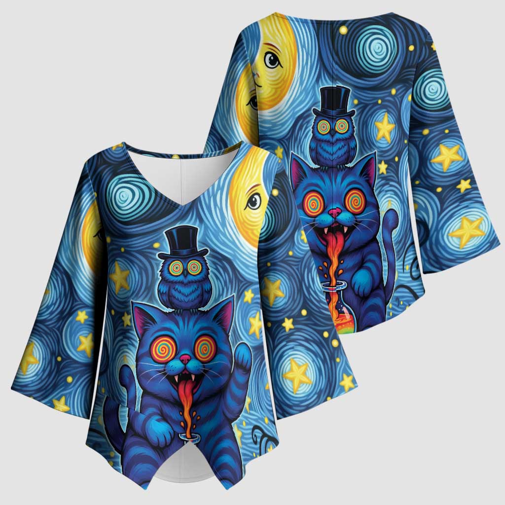 Trippy Cat and Owl Kimono Sleeve Blouse Starry Psychedelic Vibes - Wonder Print Shop