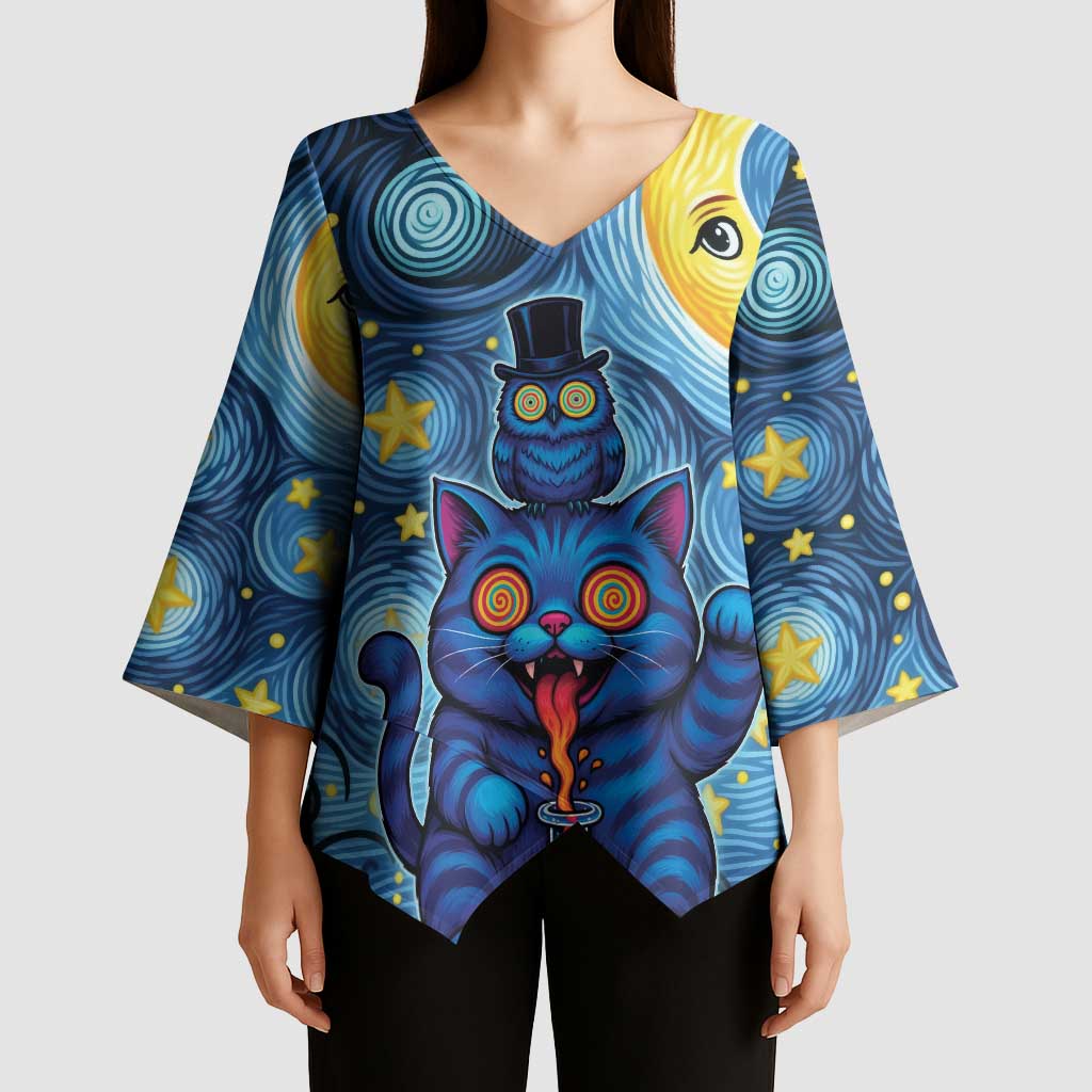 Trippy Cat and Owl Kimono Sleeve Blouse Starry Psychedelic Vibes - Wonder Print Shop