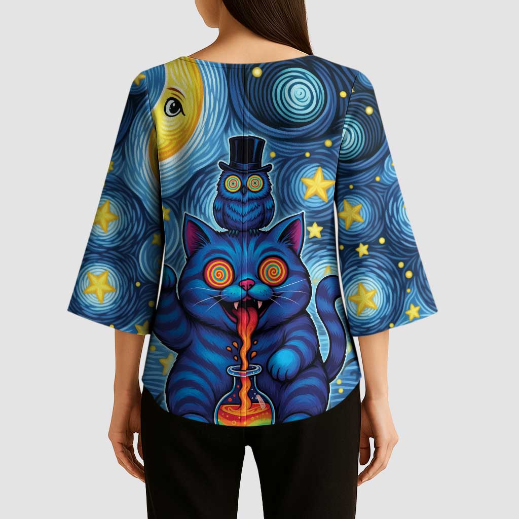 Trippy Cat and Owl Kimono Sleeve Blouse Starry Psychedelic Vibes - Wonder Print Shop