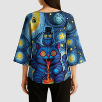 Trippy Cat and Owl Kimono Sleeve Blouse Starry Psychedelic Vibes - Wonder Print Shop