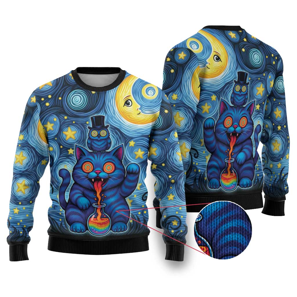 Trippy Cat and Owl Ugly Christmas Sweater Starry Psychedelic Vibes - Wonder Print Shop