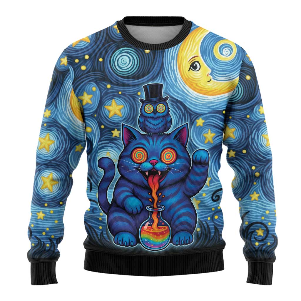 Trippy Cat and Owl Ugly Christmas Sweater Starry Psychedelic Vibes - Wonder Print Shop