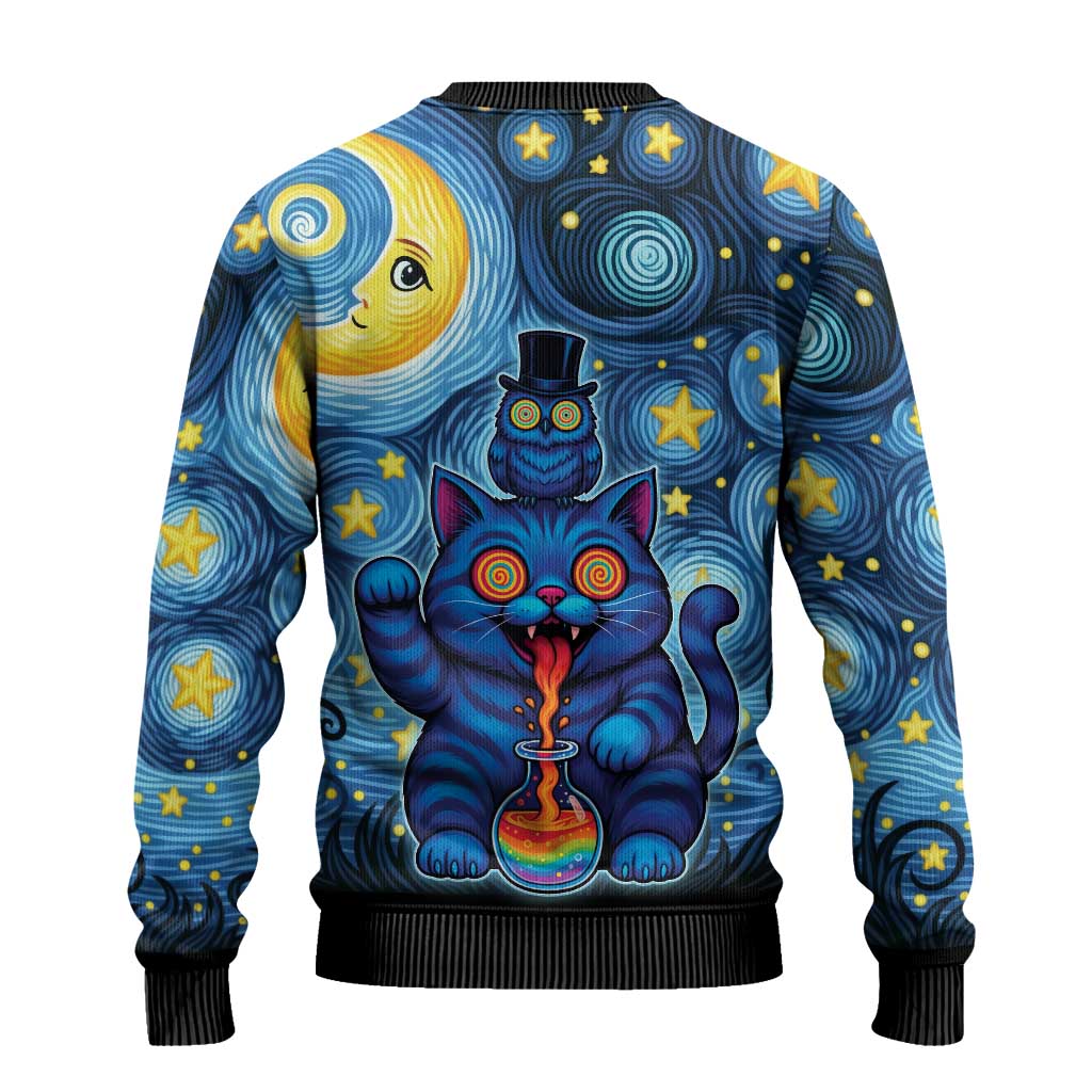 Trippy Cat and Owl Ugly Christmas Sweater Starry Psychedelic Vibes - Wonder Print Shop