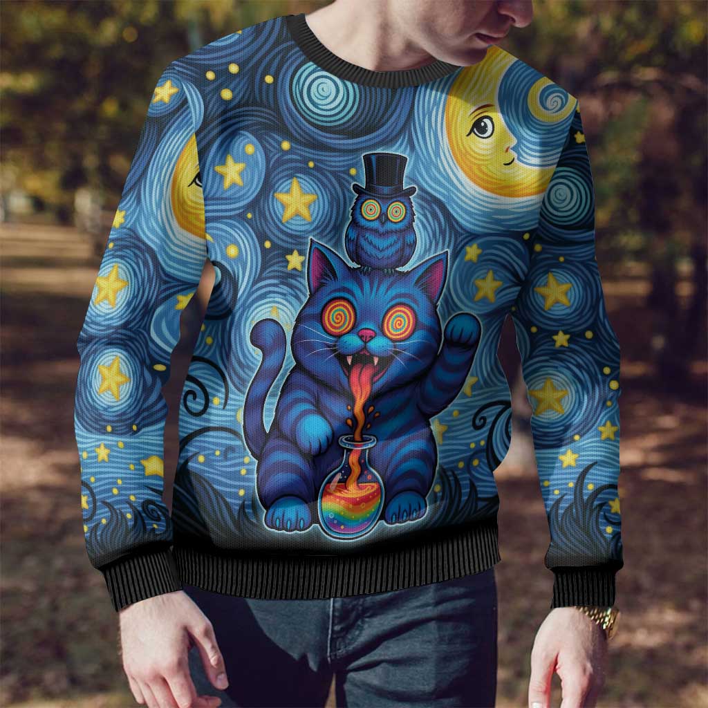 Trippy Cat and Owl Ugly Christmas Sweater Starry Psychedelic Vibes - Wonder Print Shop