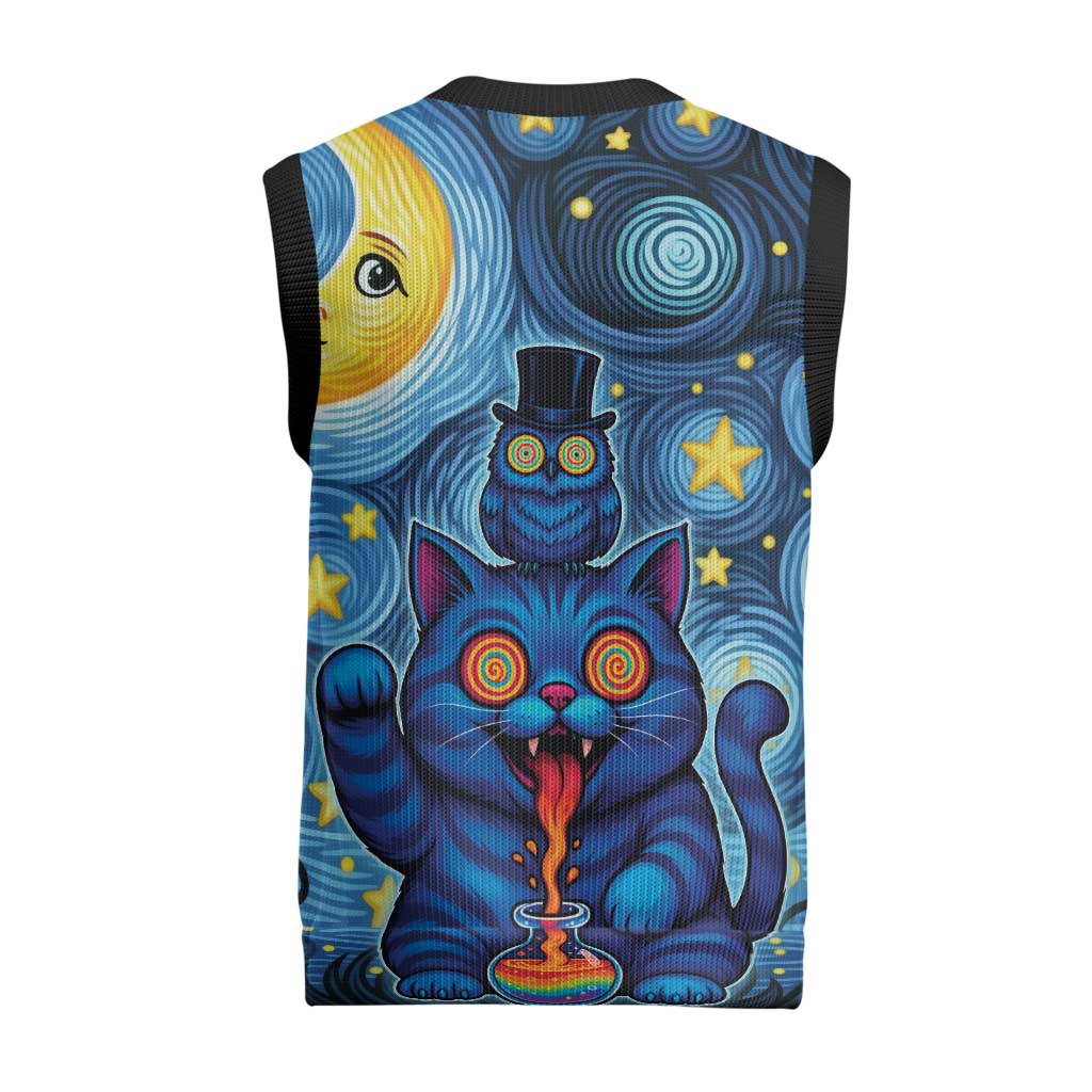 Trippy Cat and Owl Christmas Knitted V-Neck Vest Starry Psychedelic Vibes - Wonder Print Shop