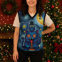Trippy Cat and Owl Christmas Knitted V-Neck Vest Starry Psychedelic Vibes - Wonder Print Shop