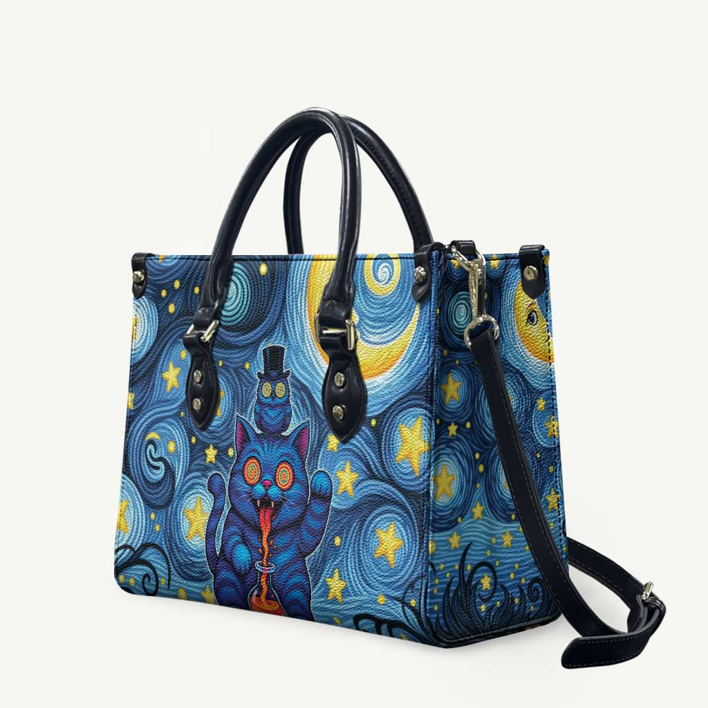 Trippy Cat and Owl Leather Bag Starry Psychedelic Vibes - Wonder Print Shop