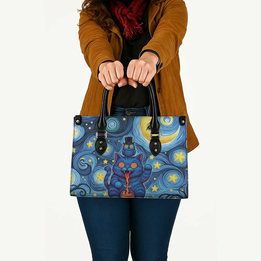 Trippy Cat and Owl Leather Bag Starry Psychedelic Vibes - Wonder Print Shop