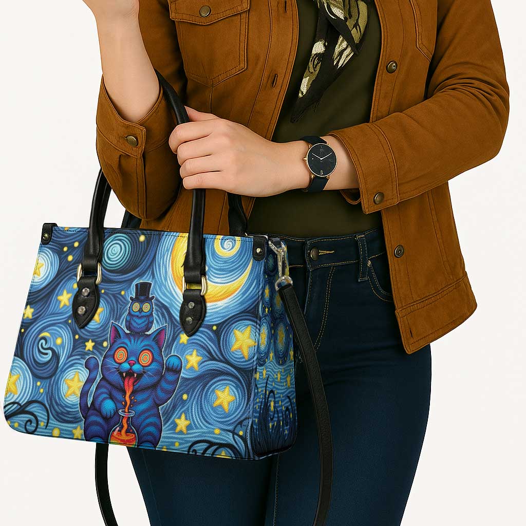 Trippy Cat and Owl Leather Bag Starry Psychedelic Vibes - Wonder Print Shop