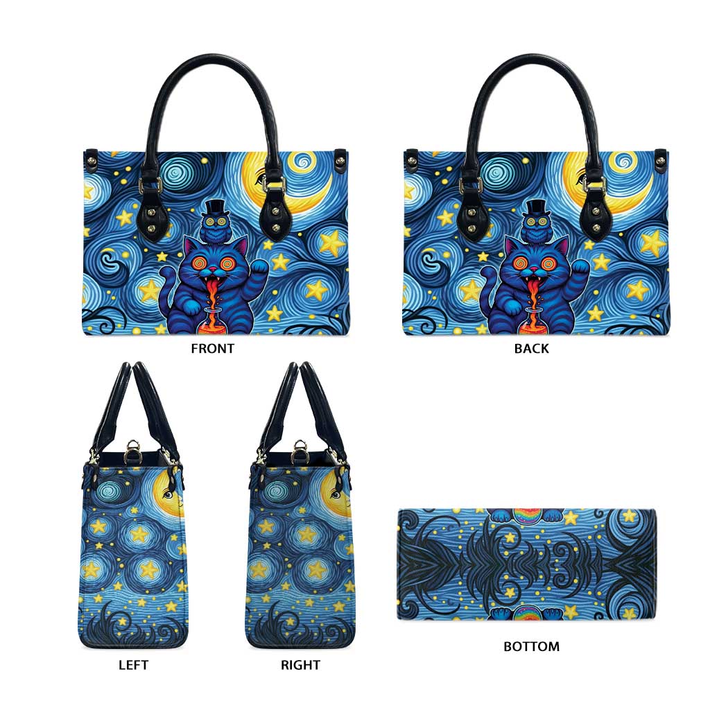 Trippy Cat and Owl Leather Bag Starry Psychedelic Vibes - Wonder Print Shop