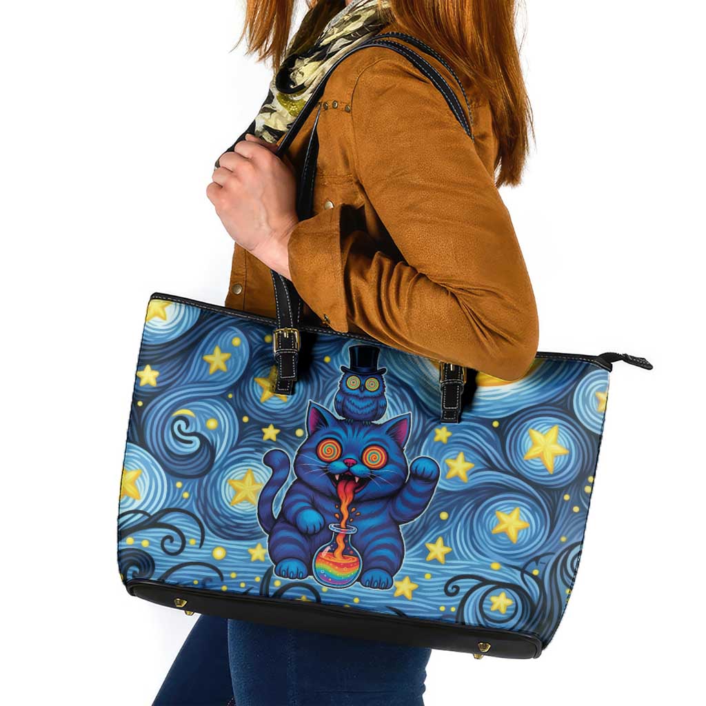 Trippy Cat and Owl Leather Tote Bag Starry Psychedelic Vibes - Wonder Print Shop