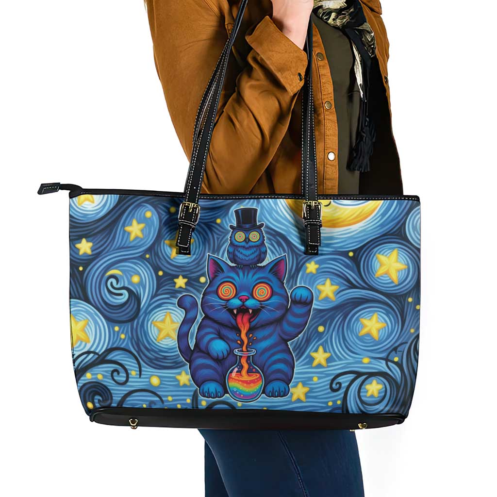 Trippy Cat and Owl Leather Tote Bag Starry Psychedelic Vibes - Wonder Print Shop