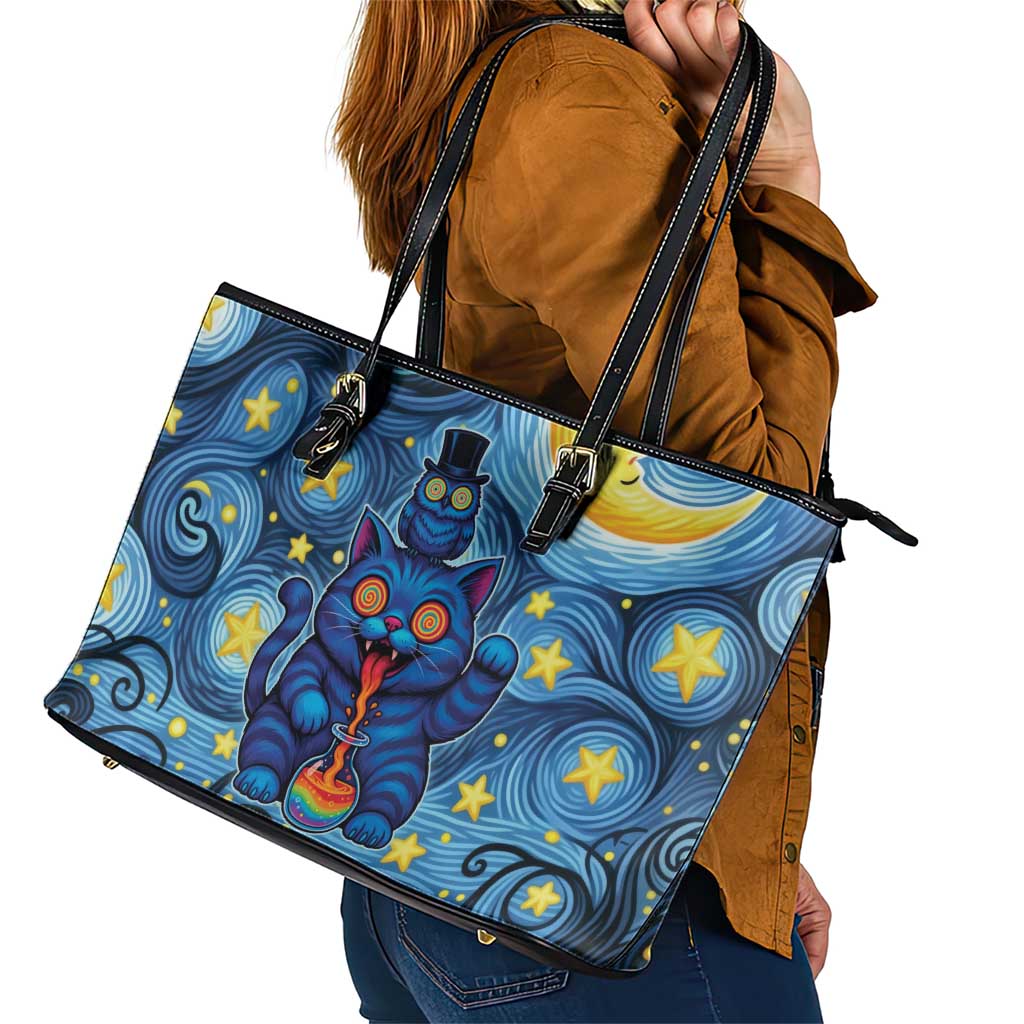 Trippy Cat and Owl Leather Tote Bag Starry Psychedelic Vibes - Wonder Print Shop