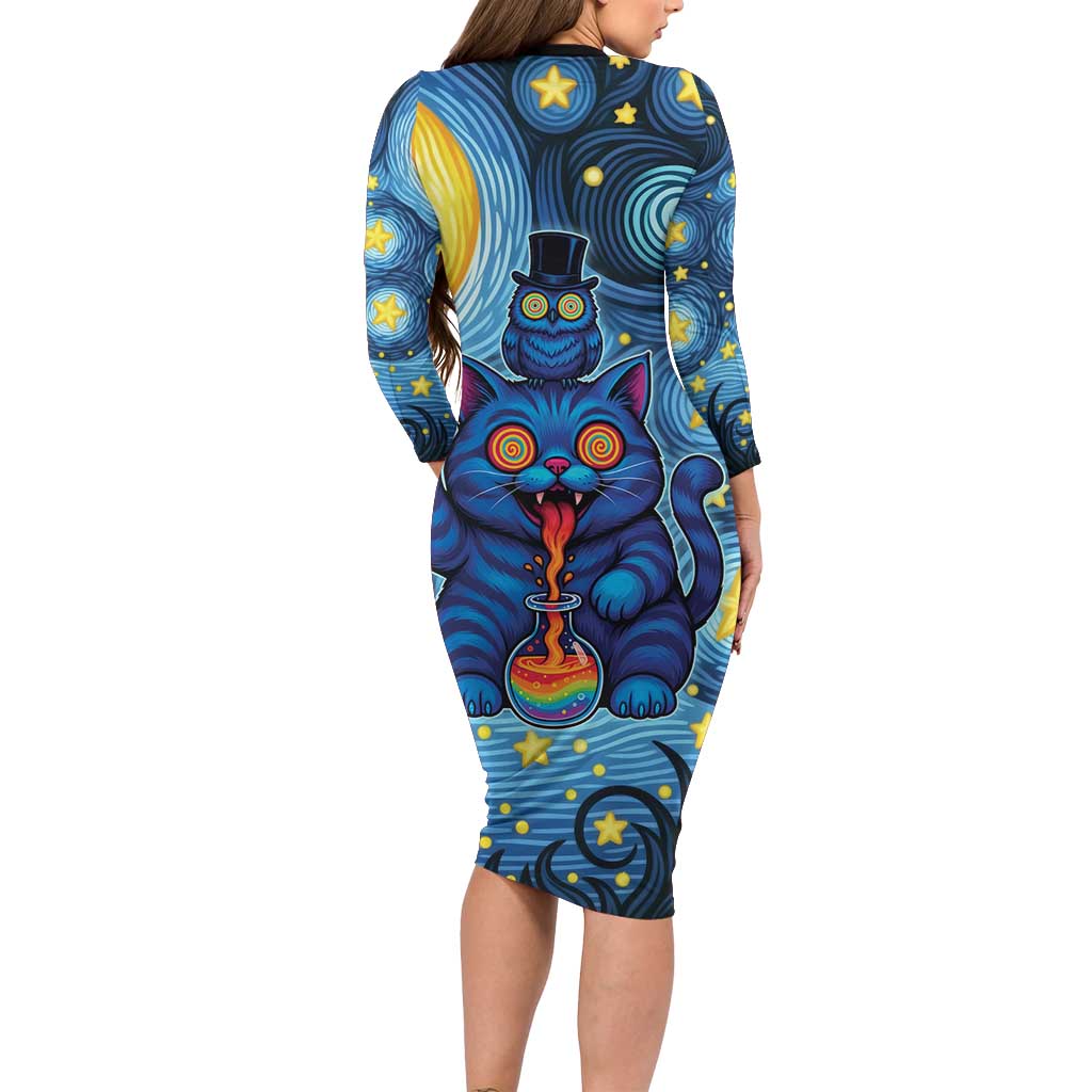 Trippy Cat and Owl Long Sleeve Bodycon Dress Starry Psychedelic Vibes - Wonder Print Shop