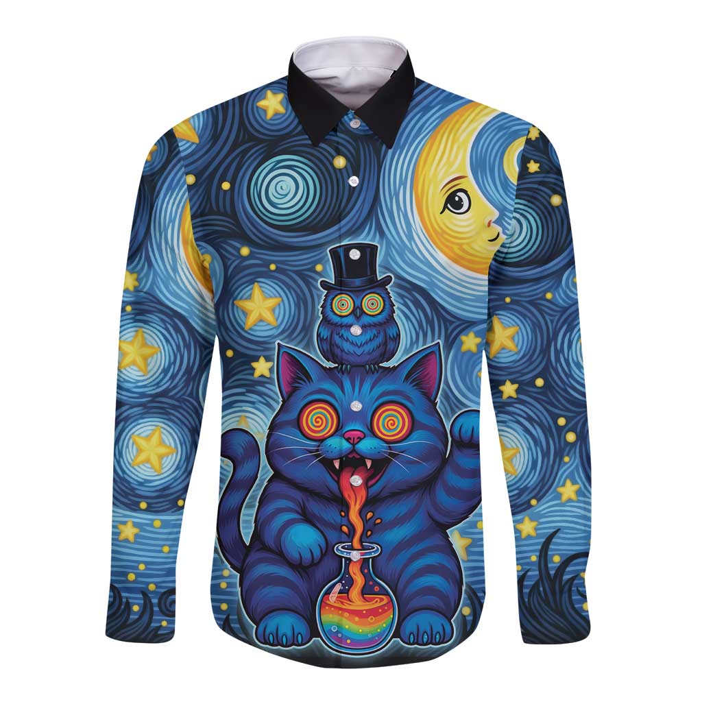 Trippy Cat and Owl Long Sleeve Button Shirt Starry Psychedelic Vibes - Wonder Print Shop