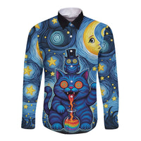 Trippy Cat and Owl Long Sleeve Button Shirt Starry Psychedelic Vibes - Wonder Print Shop