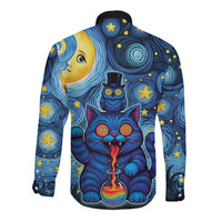 Trippy Cat and Owl Long Sleeve Button Shirt Starry Psychedelic Vibes - Wonder Print Shop