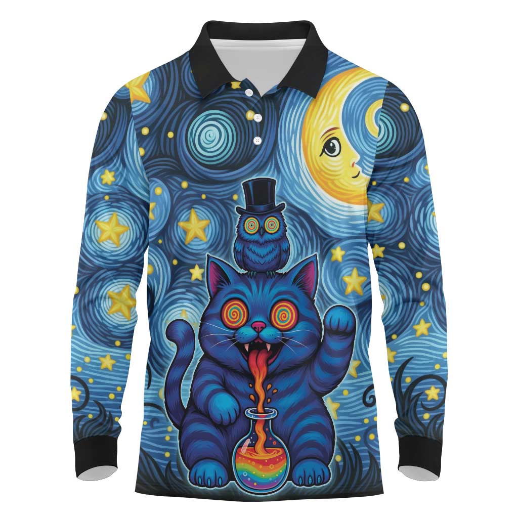 Trippy Cat and Owl Long Sleeve Polo Shirt Starry Psychedelic Vibes - Wonder Print Shop