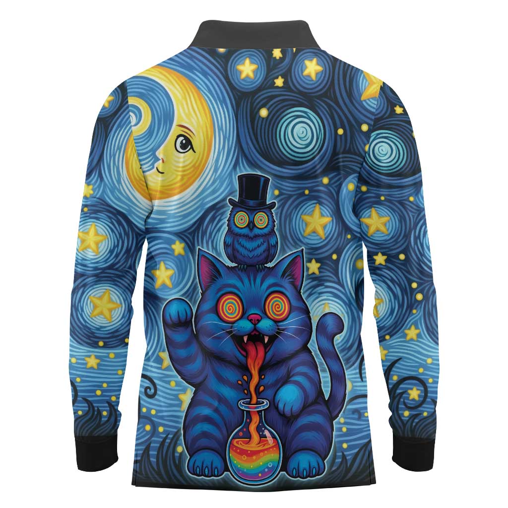 Trippy Cat and Owl Long Sleeve Polo Shirt Starry Psychedelic Vibes - Wonder Print Shop