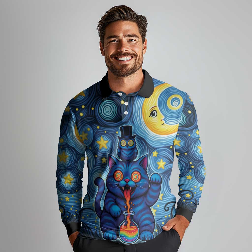 Trippy Cat and Owl Long Sleeve Polo Shirt Starry Psychedelic Vibes - Wonder Print Shop