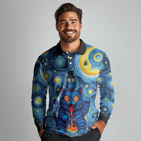 Trippy Cat and Owl Long Sleeve Polo Shirt Starry Psychedelic Vibes - Wonder Print Shop