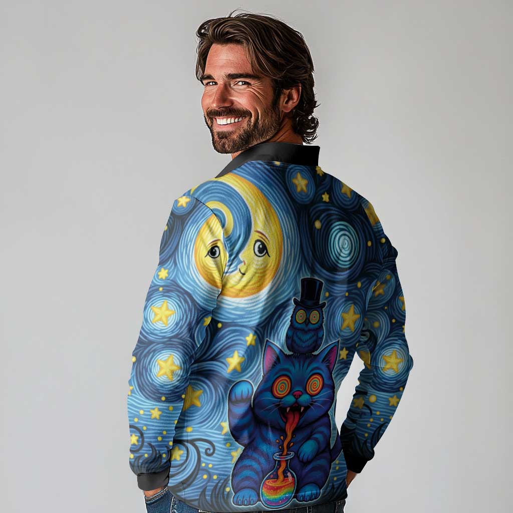 Trippy Cat and Owl Long Sleeve Polo Shirt Starry Psychedelic Vibes - Wonder Print Shop