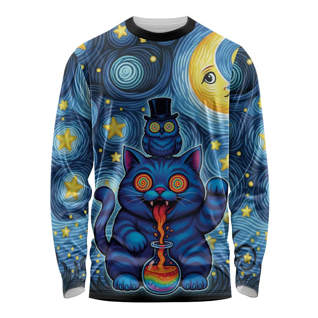 Trippy Cat and Owl Long Sleeve Shirt Starry Psychedelic Vibes - Wonder Print Shop
