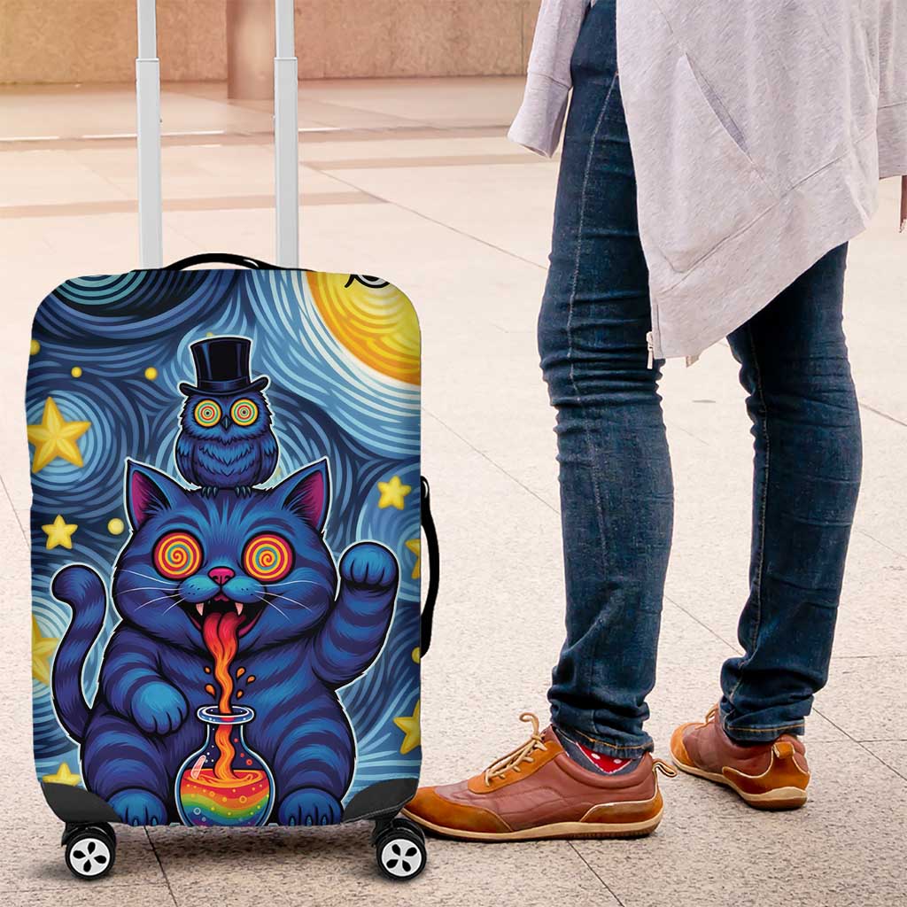 Trippy Cat and Owl Luggage Cover Starry Psychedelic Vibes - Wonder Print Shop