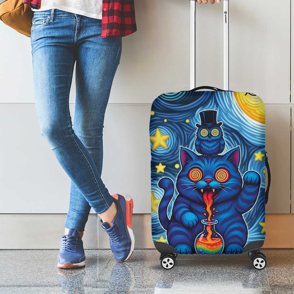 Trippy Cat and Owl Luggage Cover Starry Psychedelic Vibes - Wonder Print Shop