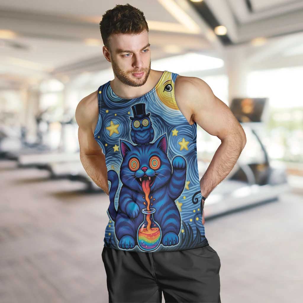 Trippy Cat and Owl Men Tank Top Starry Psychedelic Vibes - Wonder Print Shop