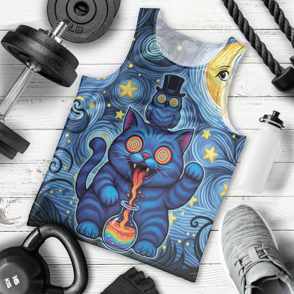 Trippy Cat and Owl Men Tank Top Starry Psychedelic Vibes - Wonder Print Shop