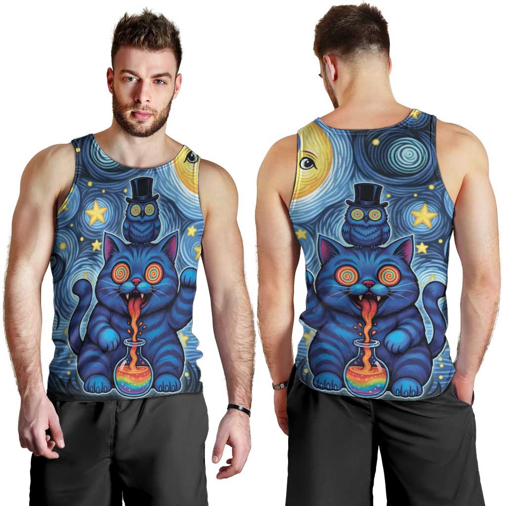 Trippy Cat and Owl Men Tank Top Starry Psychedelic Vibes - Wonder Print Shop