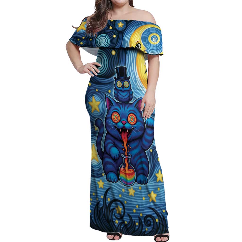 Trippy Cat and Owl Off Shoulder Maxi Dress Starry Psychedelic Vibes - Wonder Print Shop