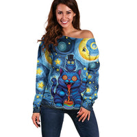 Trippy Cat and Owl Off Shoulder Sweater Starry Psychedelic Vibes - Wonder Print Shop