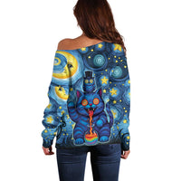 Trippy Cat and Owl Off Shoulder Sweater Starry Psychedelic Vibes - Wonder Print Shop