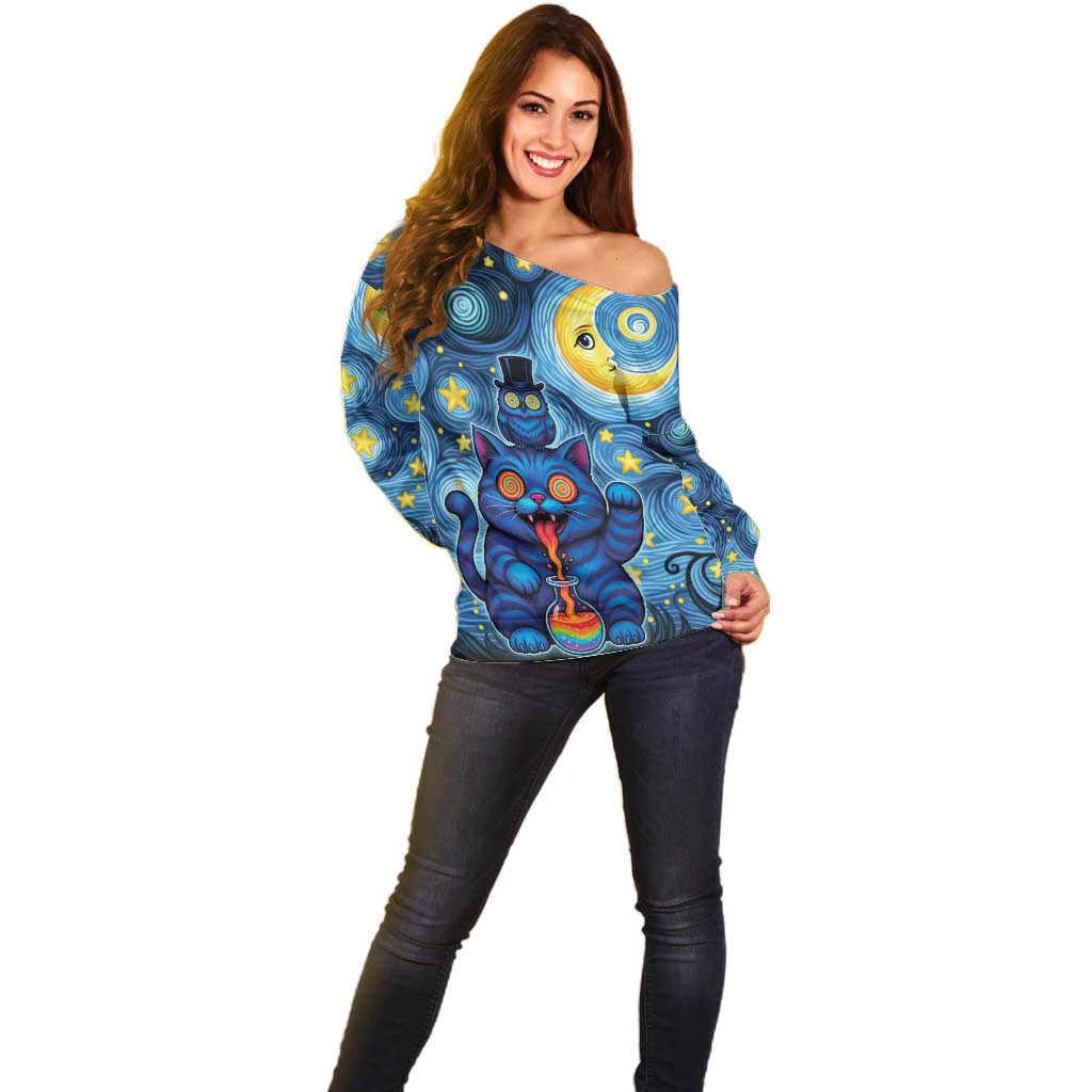 Trippy Cat and Owl Off Shoulder Sweater Starry Psychedelic Vibes - Wonder Print Shop