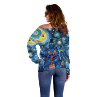 Trippy Cat and Owl Off Shoulder Sweater Starry Psychedelic Vibes - Wonder Print Shop