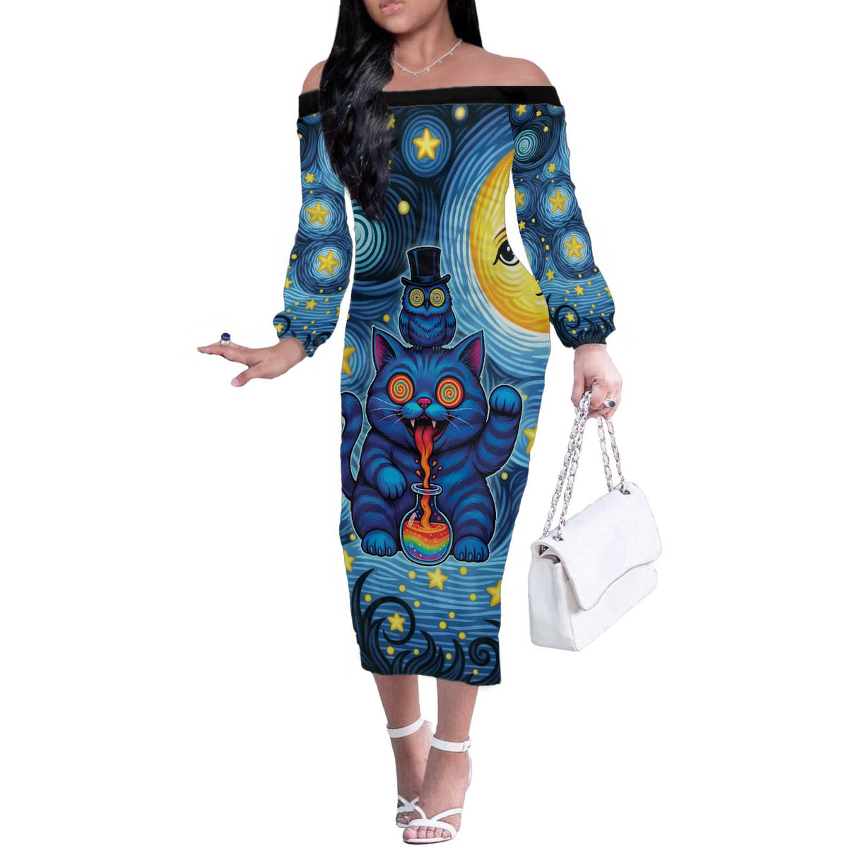 Trippy Cat and Owl Off The Shoulder Long Sleeve Dress Starry Psychedelic Vibes - Wonder Print Shop
