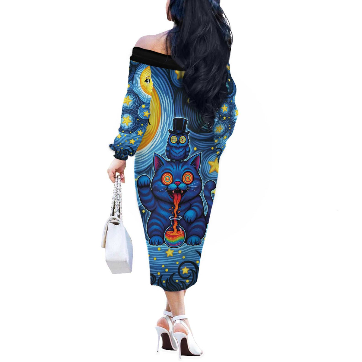 Trippy Cat and Owl Off The Shoulder Long Sleeve Dress Starry Psychedelic Vibes - Wonder Print Shop