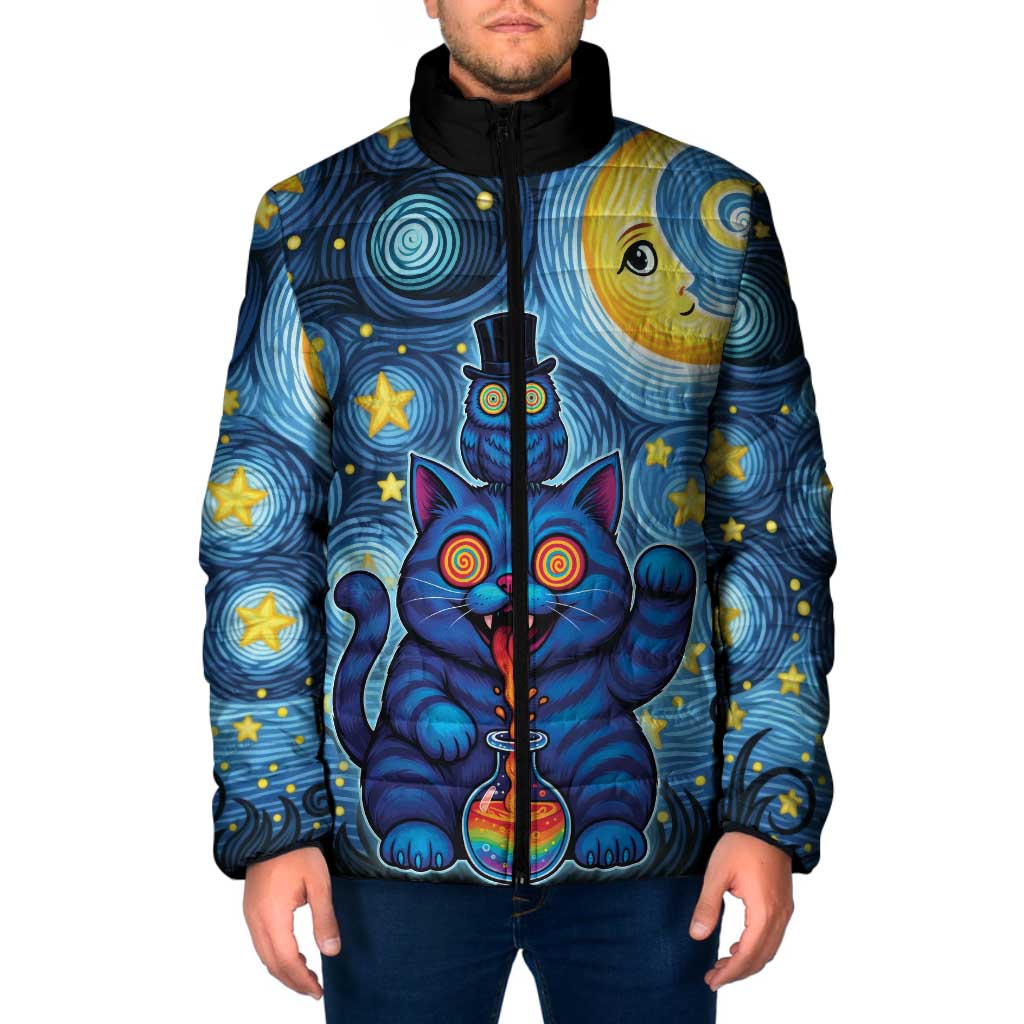 Trippy Cat and Owl Padded Jacket Starry Psychedelic Vibes - Wonder Print Shop