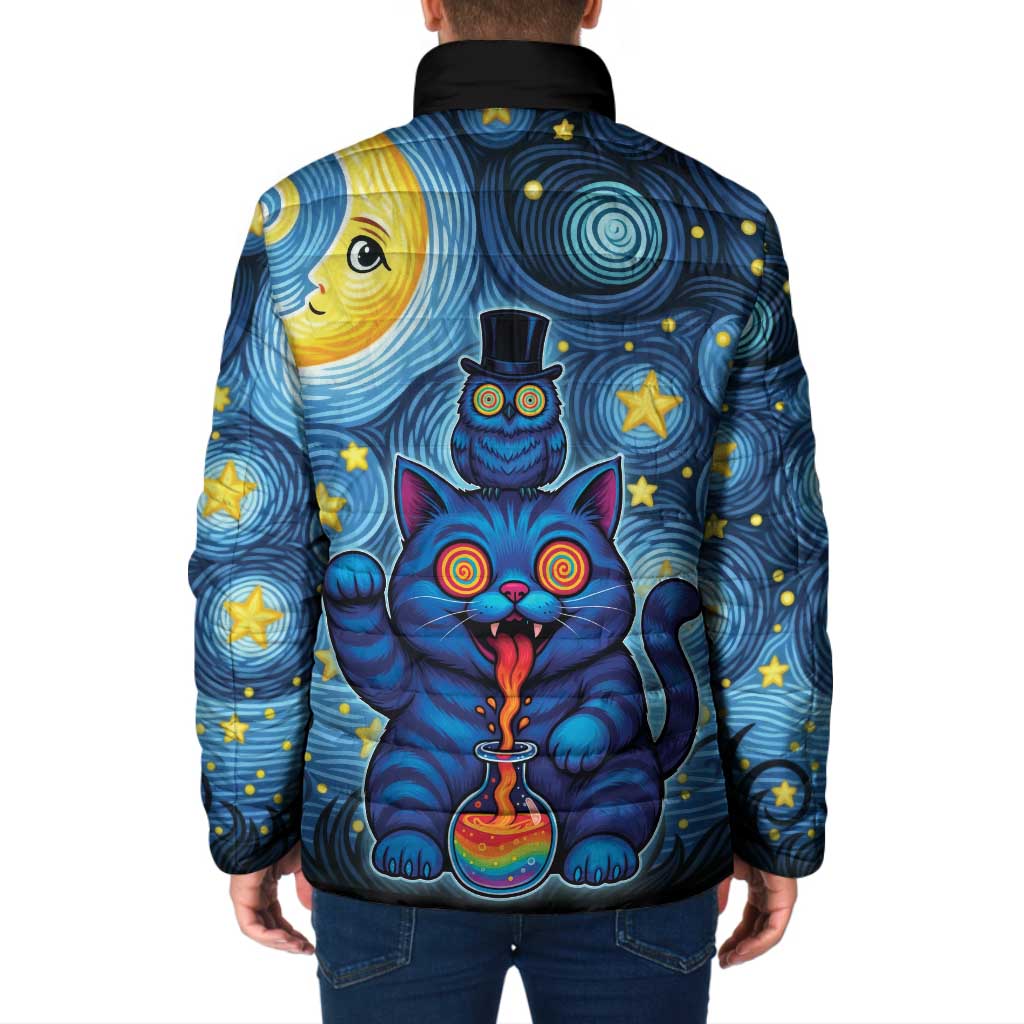 Trippy Cat and Owl Padded Jacket Starry Psychedelic Vibes - Wonder Print Shop