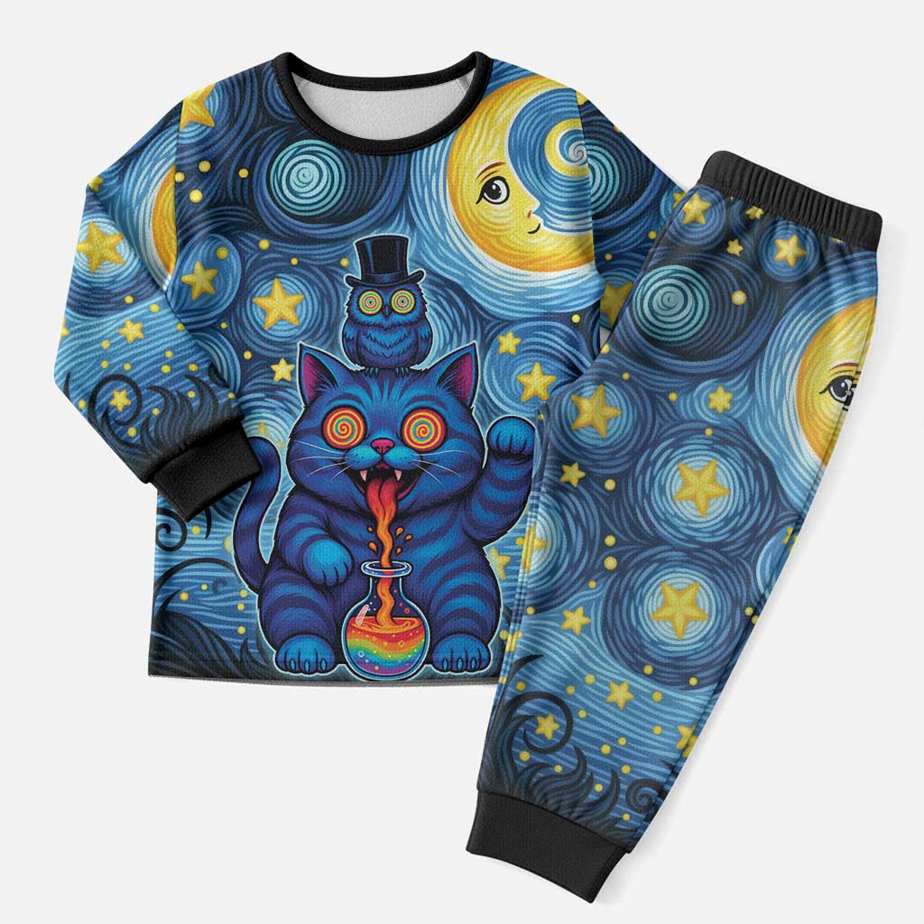 Trippy Cat and Owl Christmas Pajama Set Starry Psychedelic Vibes - Wonder Print Shop