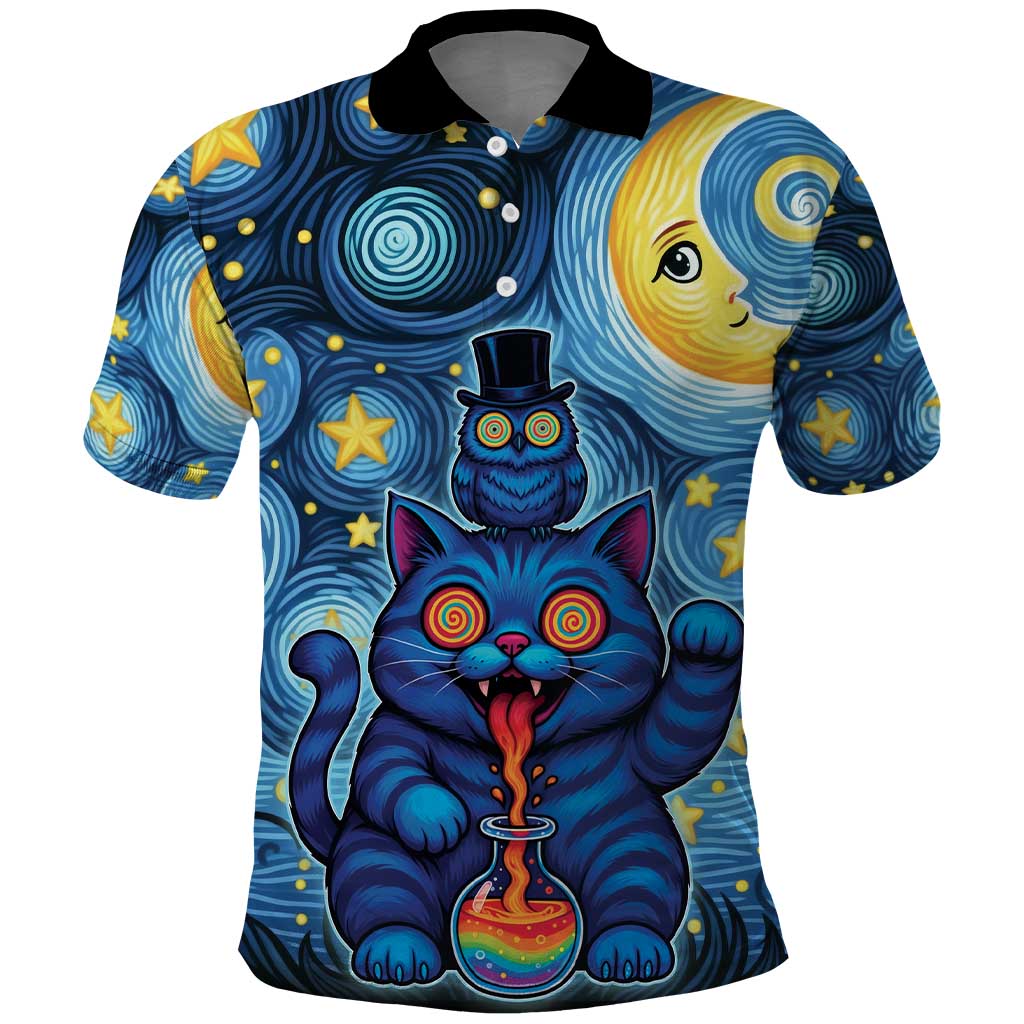 Trippy Cat and Owl Polo Shirt Starry Psychedelic Vibes - Wonder Print Shop