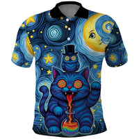 Trippy Cat and Owl Polo Shirt Starry Psychedelic Vibes - Wonder Print Shop