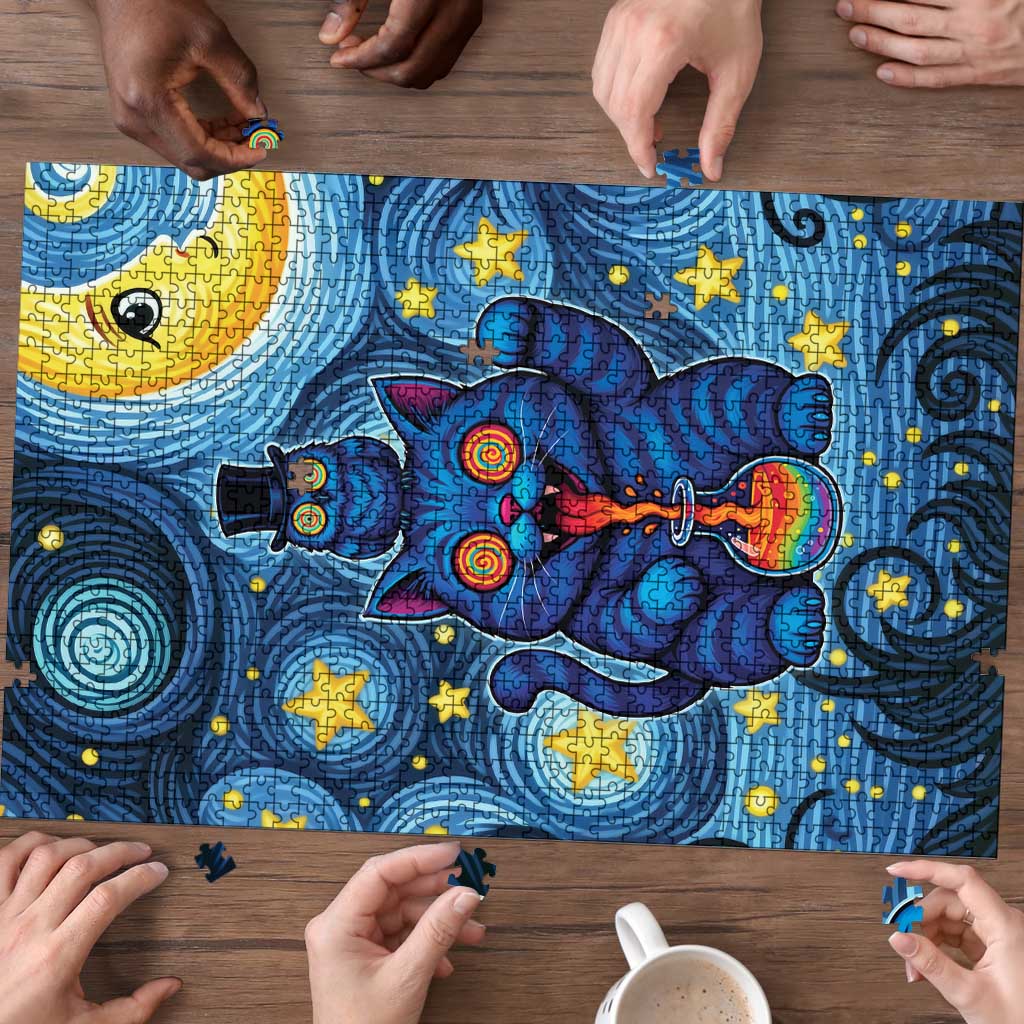Trippy Cat and Owl Puzzle Starry Psychedelic Vibes - Wonder Print Shop