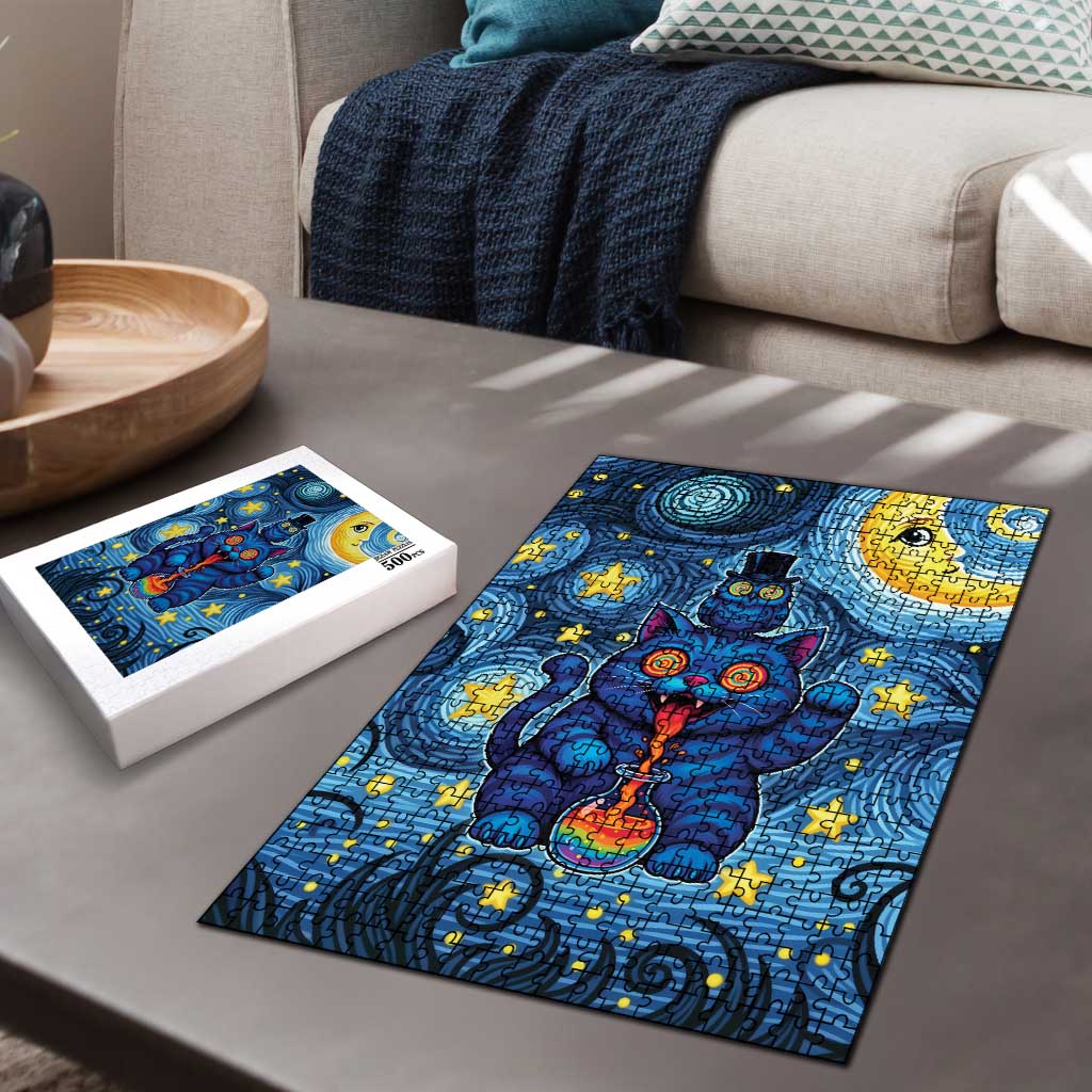 Trippy Cat and Owl Puzzle Starry Psychedelic Vibes - Wonder Print Shop