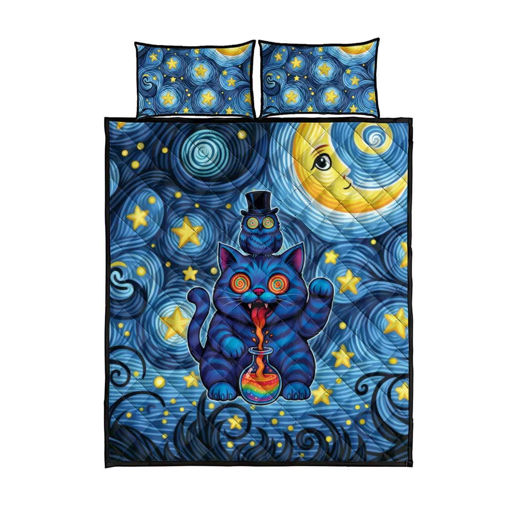 Trippy Cat and Owl Quilt Bed Set Starry Psychedelic Vibes - Wonder Print Shop