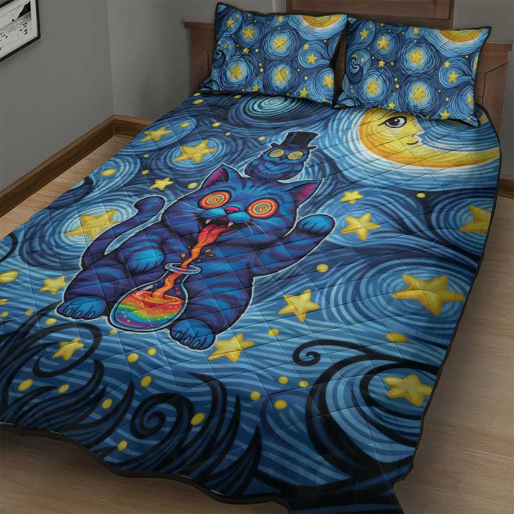 Trippy Cat and Owl Quilt Bed Set Starry Psychedelic Vibes - Wonder Print Shop
