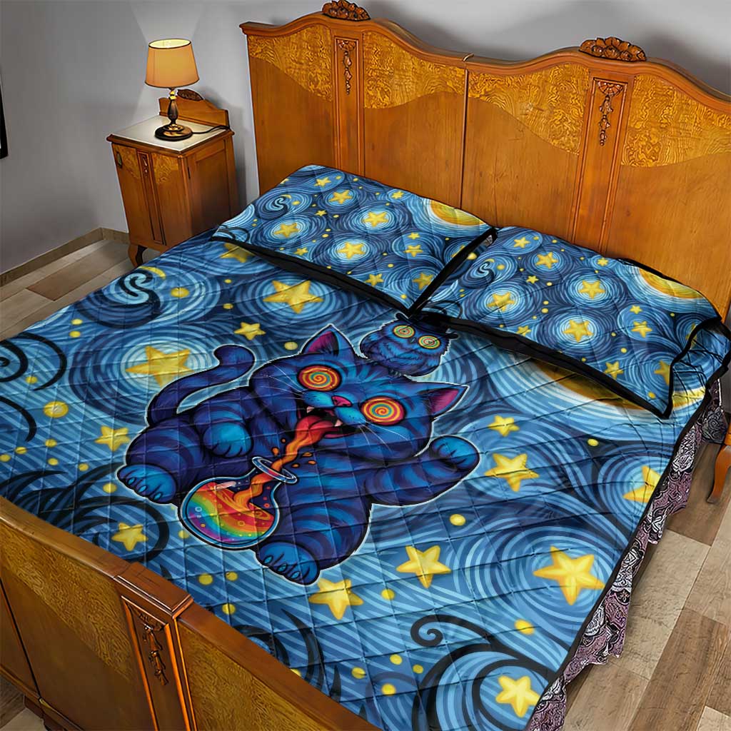 Trippy Cat and Owl Quilt Bed Set Starry Psychedelic Vibes - Wonder Print Shop