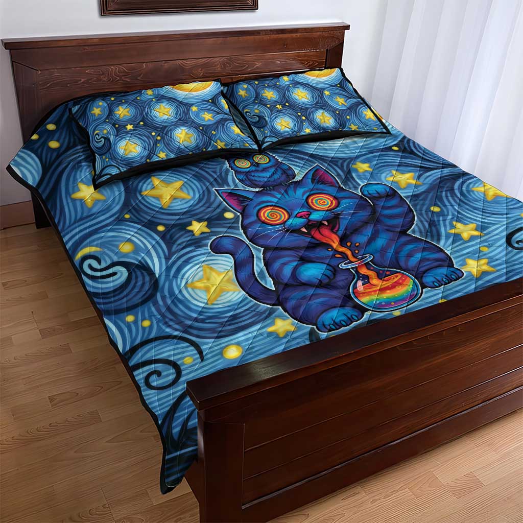 Trippy Cat and Owl Quilt Bed Set Starry Psychedelic Vibes - Wonder Print Shop